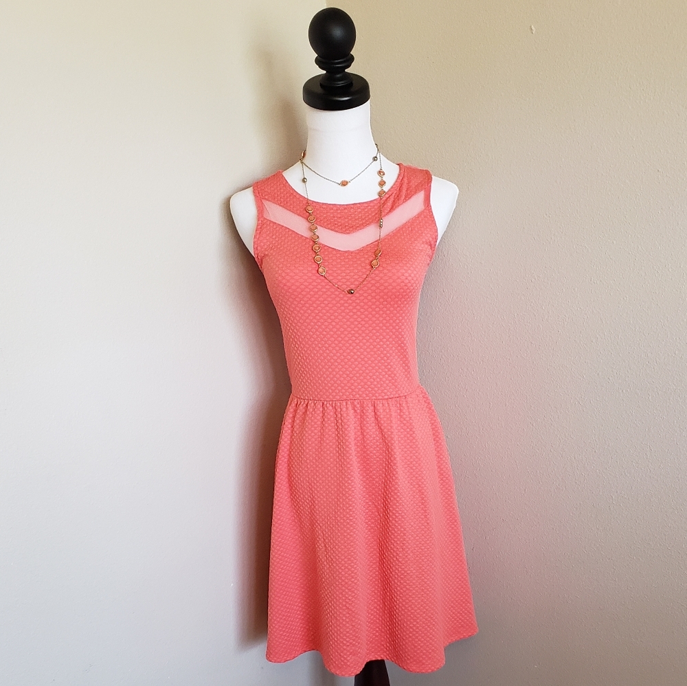 Xhilaration Coral Pink Mesh Yoke Mini Dress
